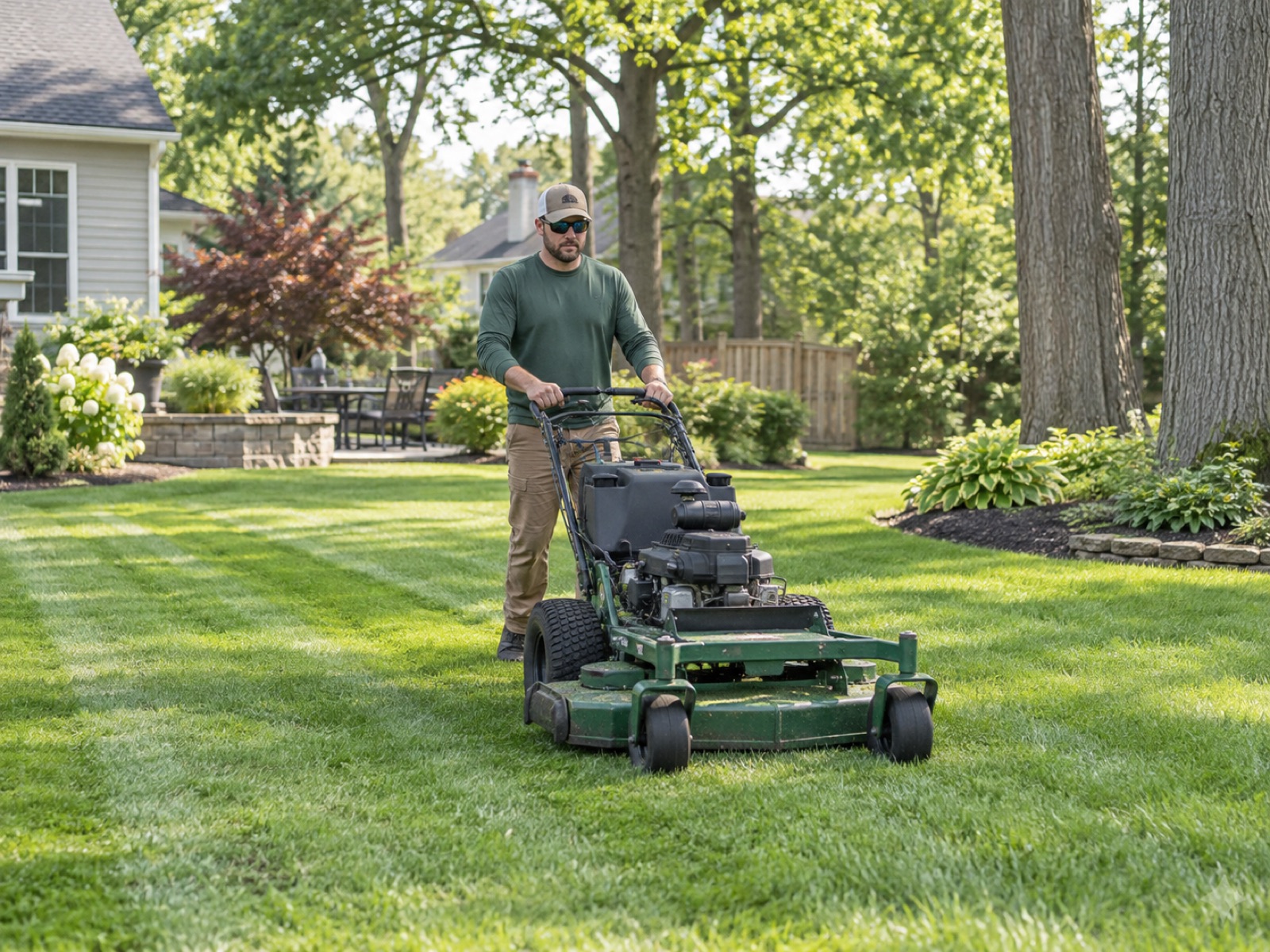 Stock photograph of residential lawn mowing