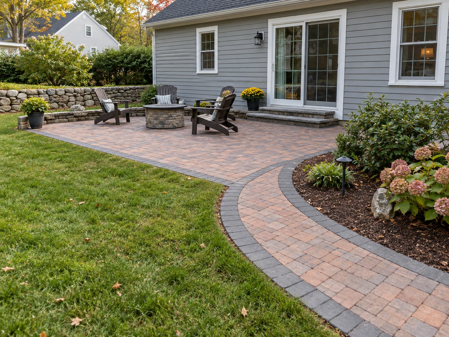 Stock concept of a brick paver patio and curved walkway